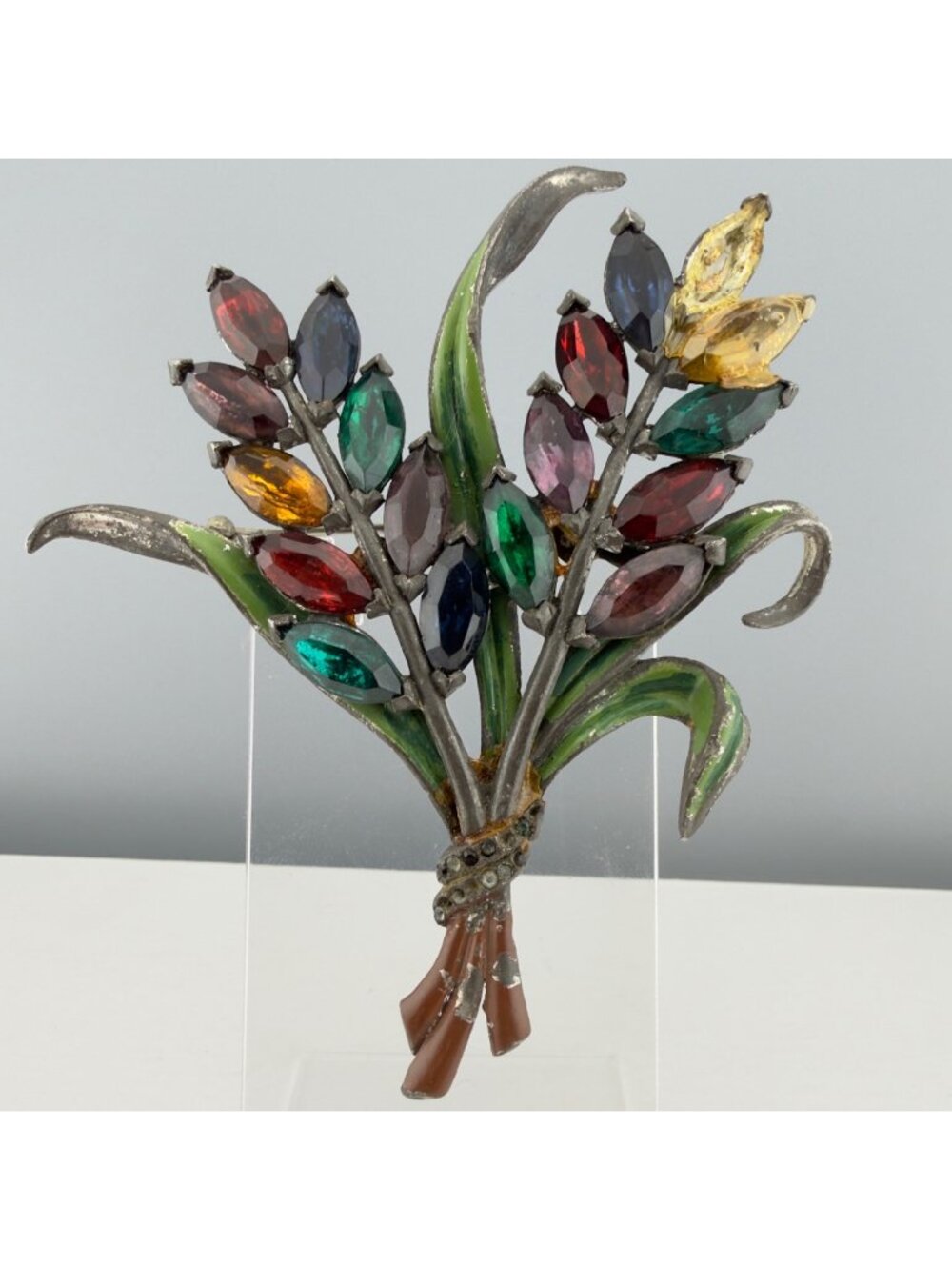 Vintage Pot Metal Floral Brooch Enamel Rhinestone Large 4" READ